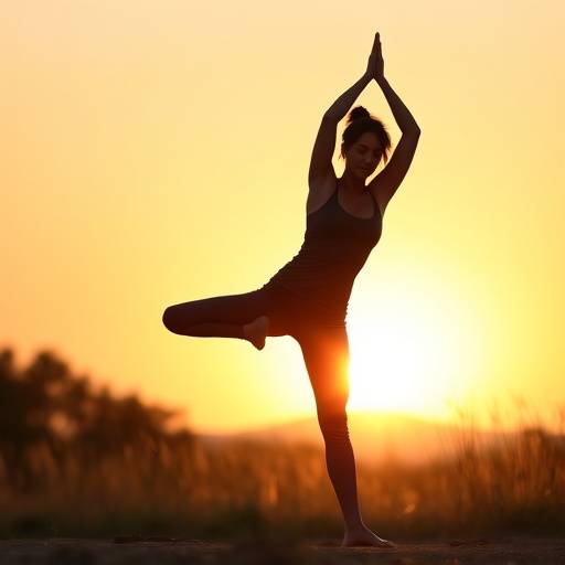 Woman doing yoga pose outdoors at sunrise